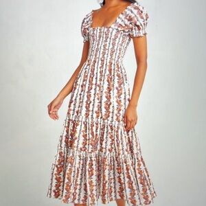 Smocked Puff-Sleeve Midi Dress in White & Brown Floral